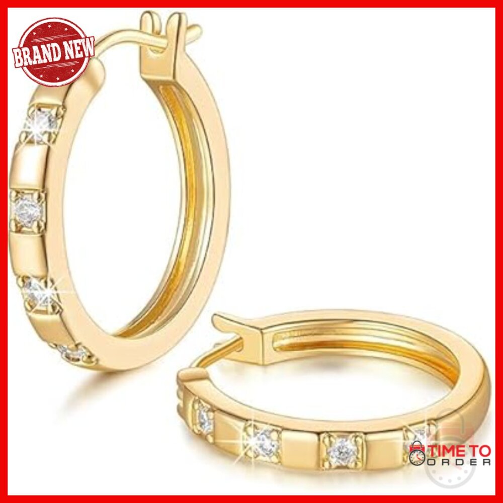 14K Gold Plated Hoop Earrings 20mm Chunky Huggie with CZ Stones